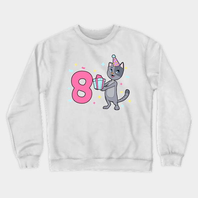 I am 8 with cat - girl birthday 8 years old Crewneck Sweatshirt by Modern Medieval Design